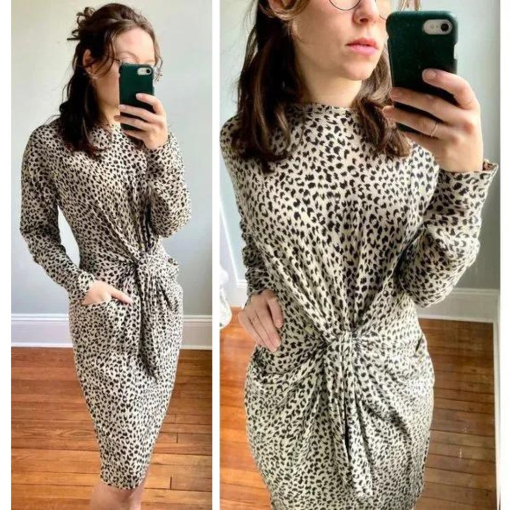 Vintage 90s White Black Leopard Cheetah Animal Print Ruched Dress